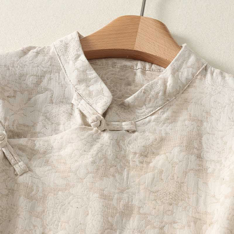 Camicia da donna in cotone e lino a maniche lunghe con motivo testurizzato e bottoni a Buddha Stones - image 2