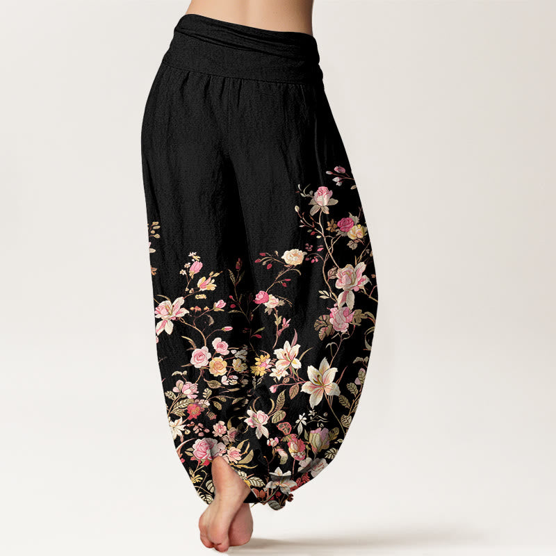 Pantaloni harem da donna con elastico in vita e motivo floreale colorato in puro cotone Buddha Stones - image 1