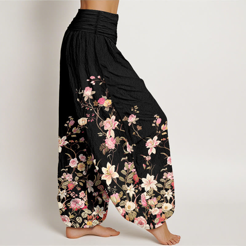 Pantaloni harem da donna con elastico in vita e motivo floreale colorato in puro cotone Buddha Stones - image 2