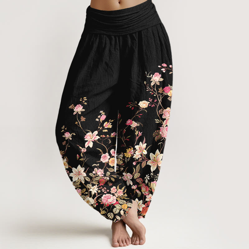 Pantaloni harem da donna con elastico in vita e motivo floreale colorato in puro cotone Buddha Stones - Nero - US16, UK/AU20, EU48 (3XL) - image 0