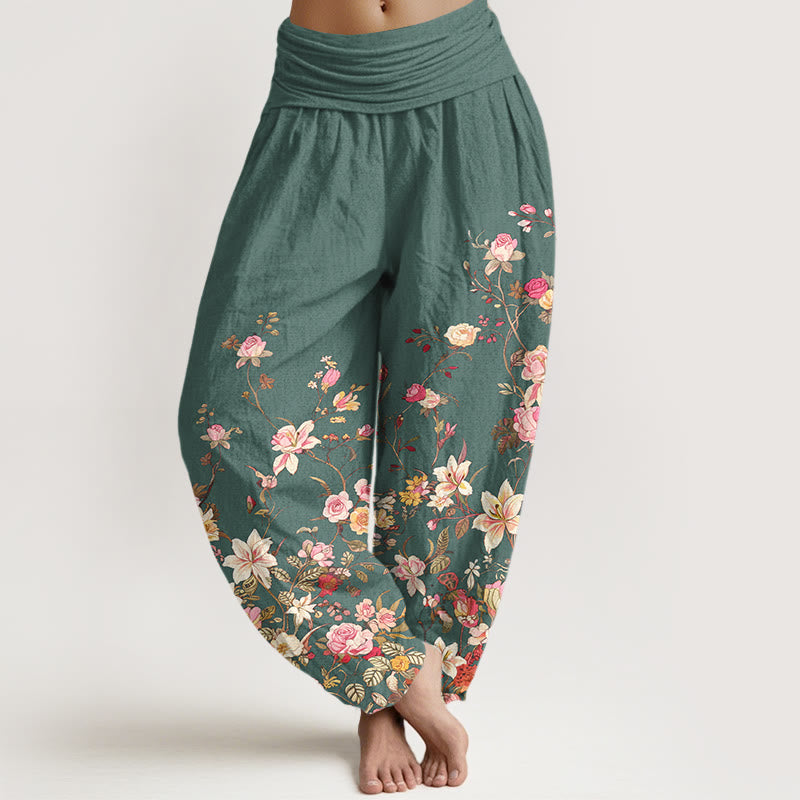 Pantaloni harem da donna con elastico in vita e motivo floreale colorato in puro cotone Buddha Stones - Verdemare medio - US16, UK/AU20, EU48 (3XL) - image 8