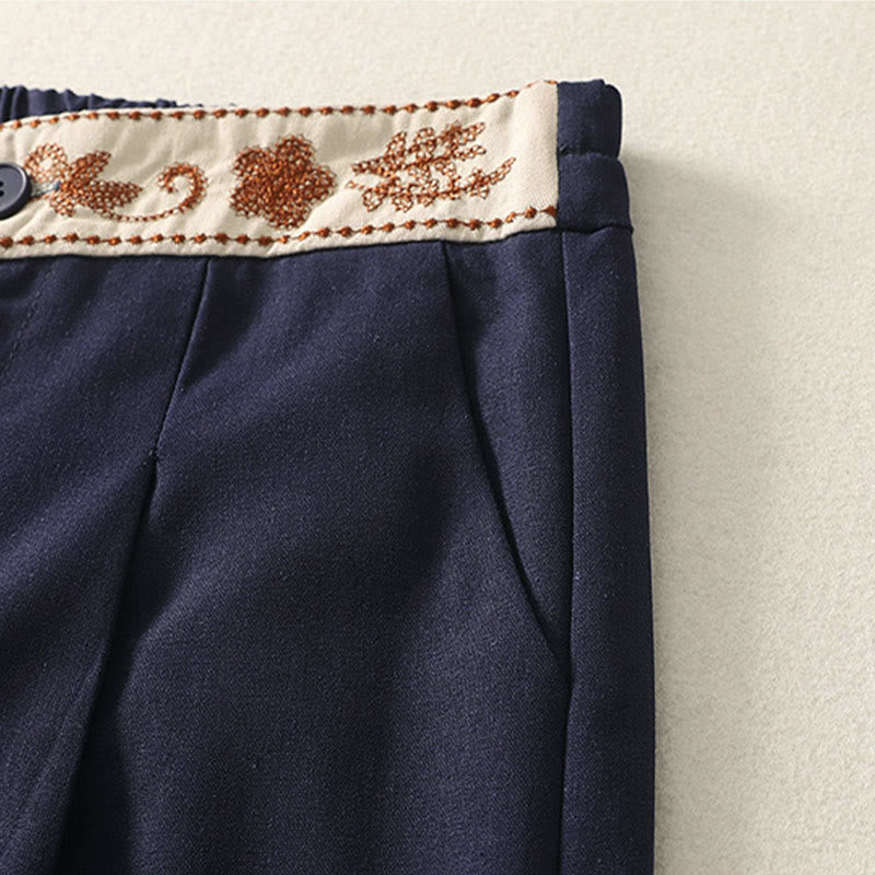 Pantaloni larghi in cotone con tasche e elastico in vita con ricamo Buddha Stones da donna - image 18