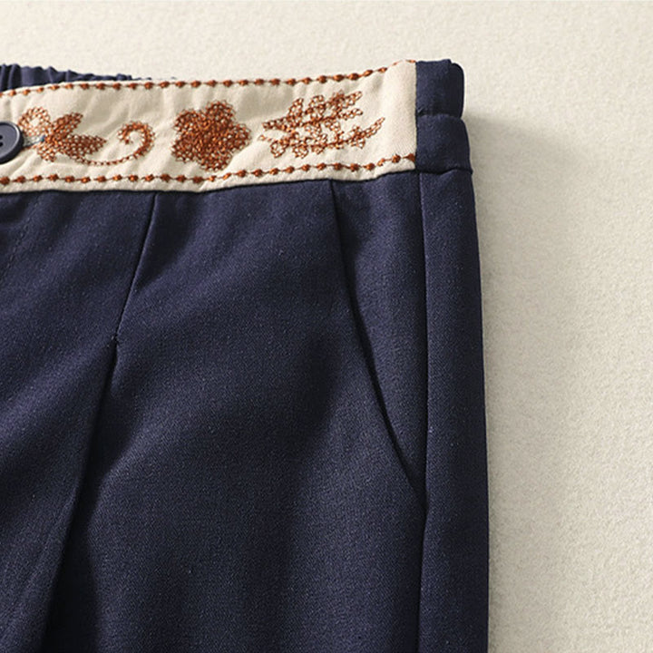 Pantaloni larghi in cotone con tasche e elastico in vita con ricamo Buddha Stones da donna - image 18