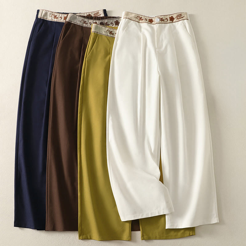 Pantaloni larghi in cotone con tasche e elastico in vita con ricamo Buddha Stones da donna - image 0