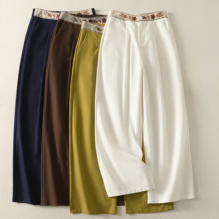 Pantaloni larghi in cotone con tasche e elastico in vita con ricamo Buddha Stones da donna - image 0