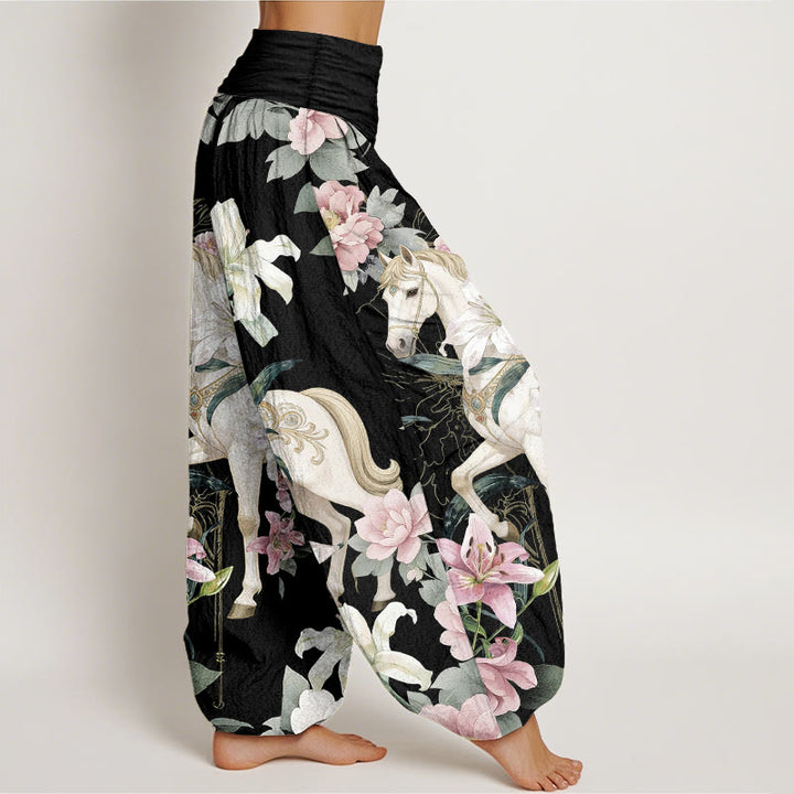 Pantaloni harem da donna con elastico in vita, modello romantico con cavallo, giglio e peonia, in puro cotone, motivo Buddha Stones - image 2