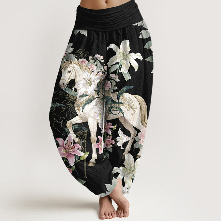 Pantaloni harem da donna con elastico in vita, modello romantico con cavallo, giglio e peonia, in puro cotone, motivo Buddha Stones - Nero - US16, UK/AU20, EU48 (3XL) - image 0
