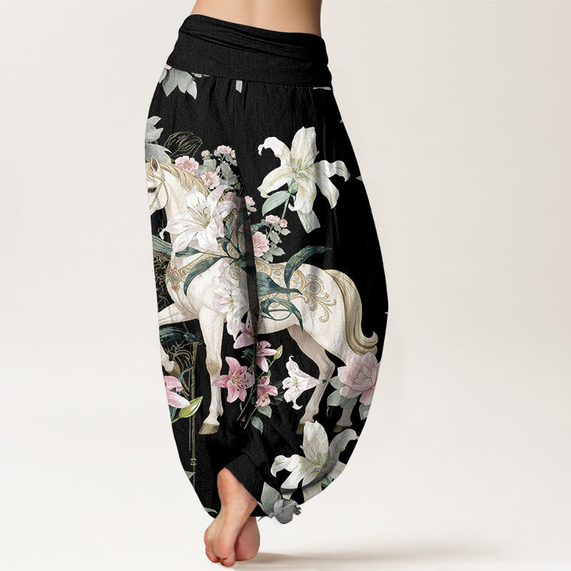 Pantaloni harem da donna con elastico in vita, modello romantico con cavallo, giglio e peonia, in puro cotone, motivo Buddha Stones - image 1