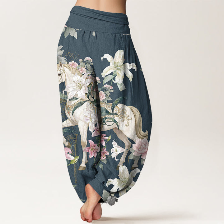 Pantaloni harem da donna con elastico in vita, modello romantico con cavallo, giglio e peonia, in puro cotone, motivo Buddha Stones - image 6