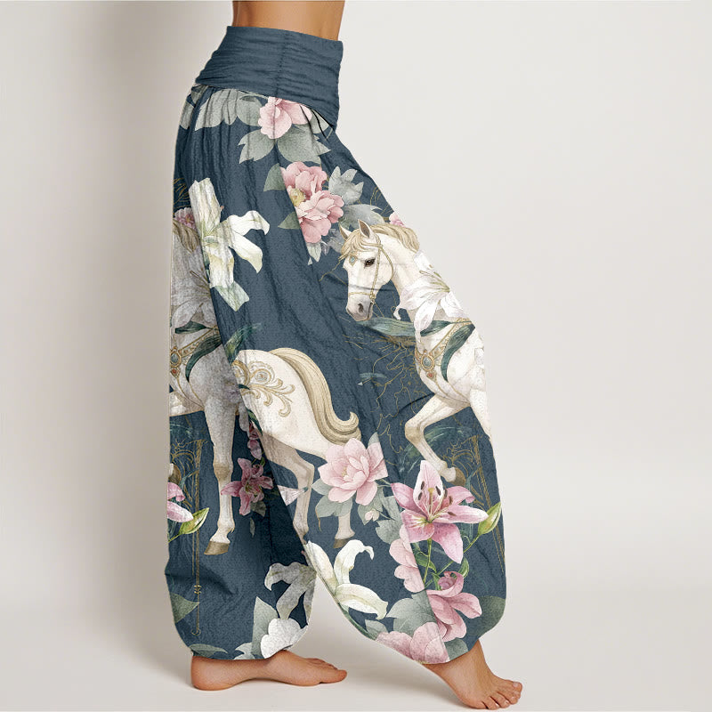 Pantaloni harem da donna con elastico in vita, modello romantico con cavallo, giglio e peonia, in puro cotone, motivo Buddha Stones - image 7