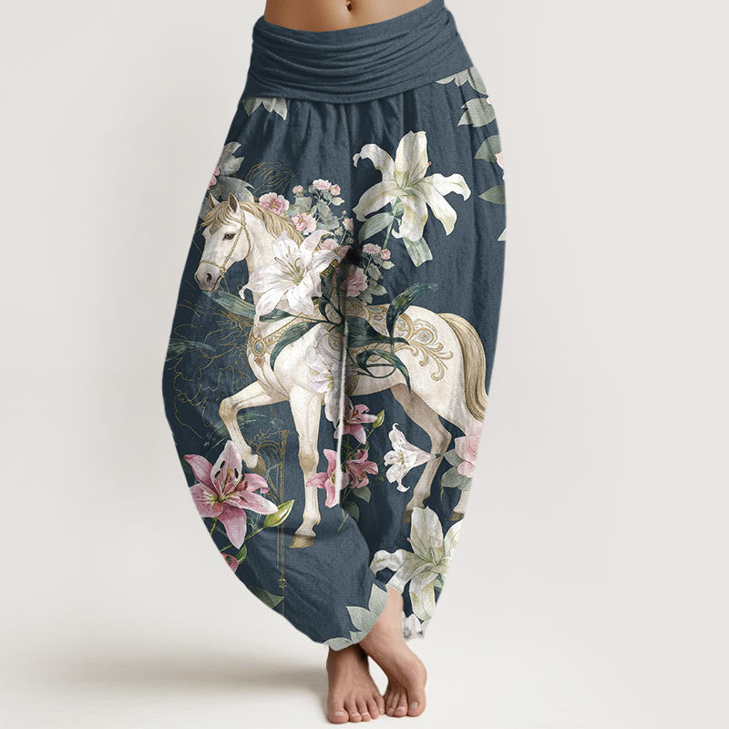 Pantaloni harem da donna con elastico in vita, modello romantico con cavallo, giglio e peonia, in puro cotone, motivo Buddha Stones - DarkSlateBlue - US16, UK/AU20, EU48 (3XL) - image 5