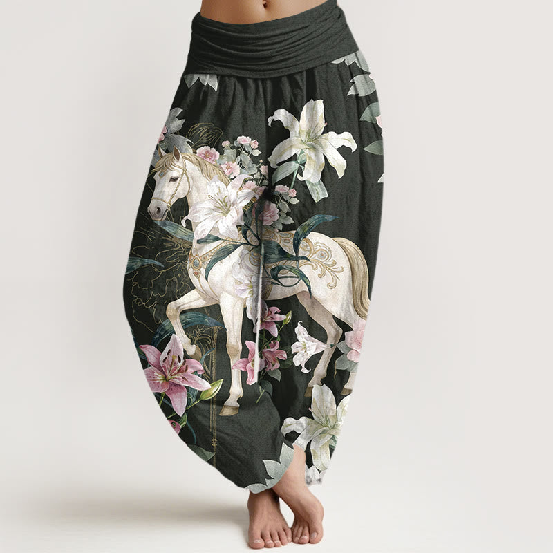 Pantaloni harem da donna con elastico in vita, modello romantico con cavallo, giglio e peonia, in puro cotone, motivo Buddha Stones - Grigio scuro - US16, UK/AU20, EU48 (3XL) - image 8