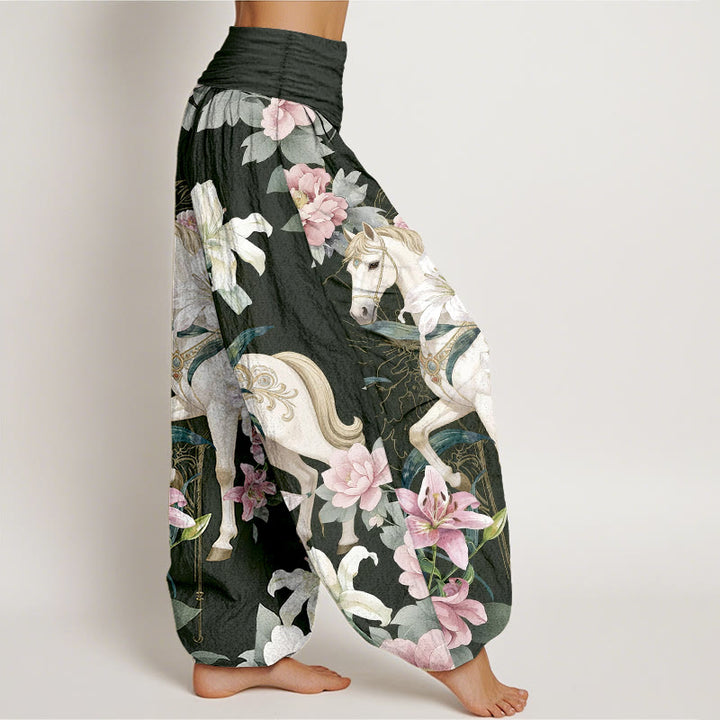 Pantaloni harem da donna con elastico in vita, modello romantico con cavallo, giglio e peonia, in puro cotone, motivo Buddha Stones - image 10