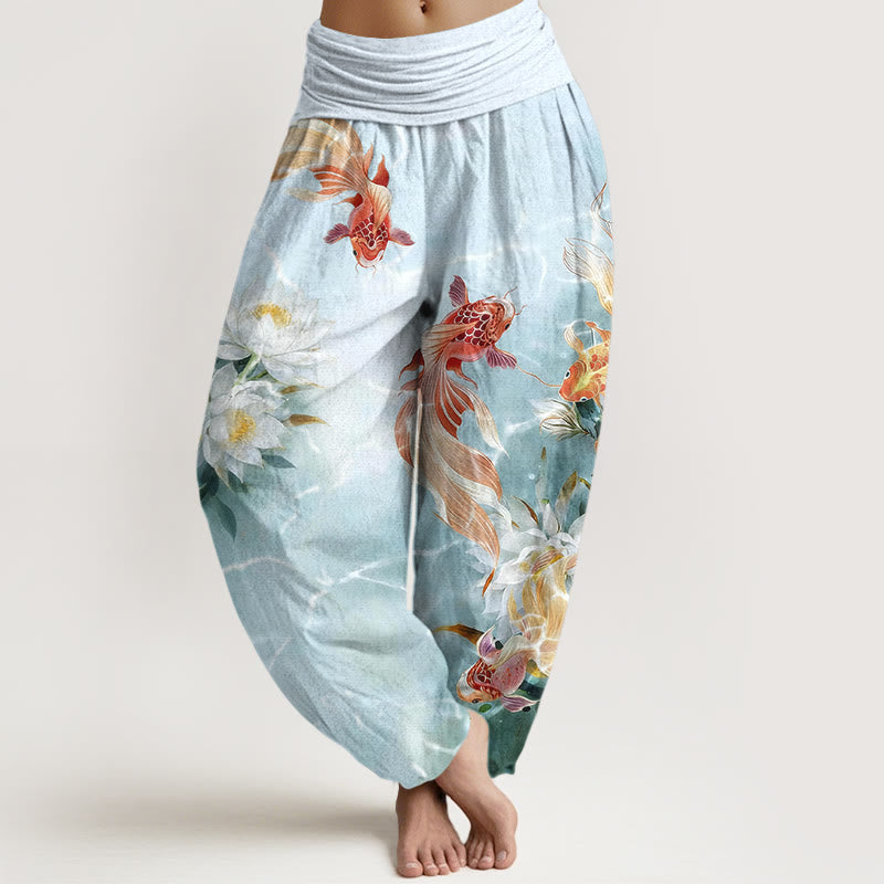 Pantaloni harem da donna con elastico in vita, in puro cotone chiaro, con motivo a fiori di loto e pesci koi, Buddha Stones - Ciano chiaro - US16, UK/AU20, EU48 (3XL) - image 0
