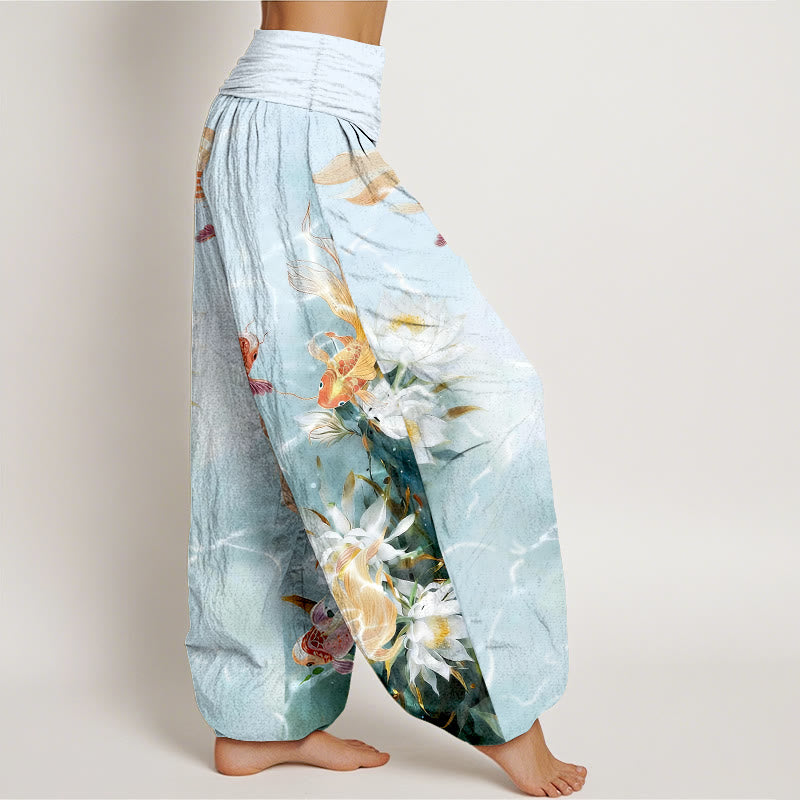 Pantaloni harem da donna con elastico in vita, in puro cotone chiaro, con motivo a fiori di loto e pesci koi, Buddha Stones - image 2