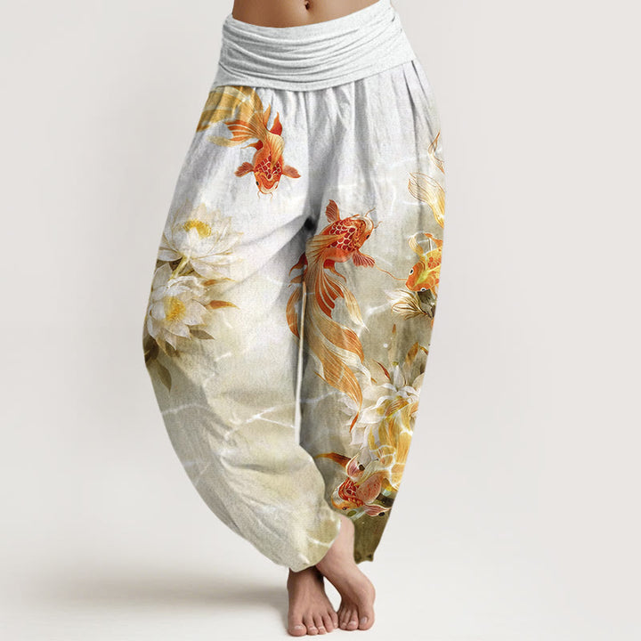 Pantaloni harem da donna con elastico in vita, in puro cotone chiaro, con motivo a fiori di loto e pesci koi, Buddha Stones - Giallo chiaro - US16, UK/AU20, EU48 (3XL) - image 5