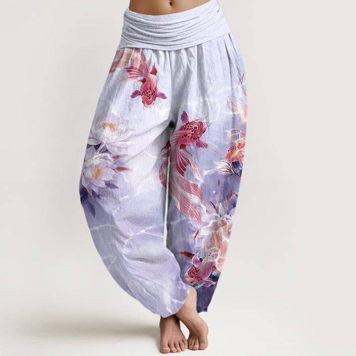 Pantaloni harem da donna con elastico in vita, in puro cotone chiaro, con motivo a fiori di loto e pesci koi, Buddha Stones - Lavanda - US16, UK/AU20, EU48 (3XL) - image 8