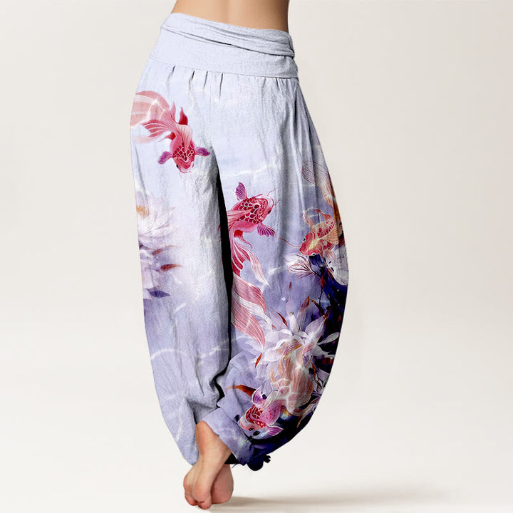 Pantaloni harem da donna con elastico in vita, in puro cotone chiaro, con motivo a fiori di loto e pesci koi, Buddha Stones - image 9