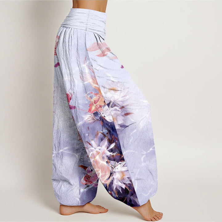 Pantaloni harem da donna con elastico in vita, in puro cotone chiaro, con motivo a fiori di loto e pesci koi, Buddha Stones - image 10