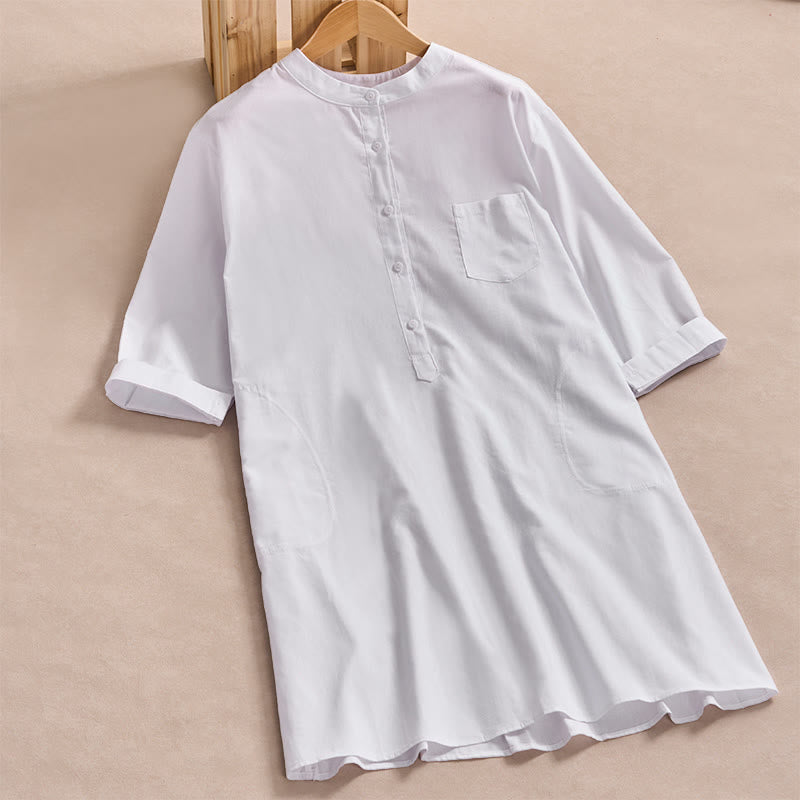 Abito midi da donna in cotone con maniche a tre quarti, tasche e bottoni in tinta unita, motivo Buddha Stones Fall - Bianco - US14, UK/AU18, EU46 (2XL) - image 8