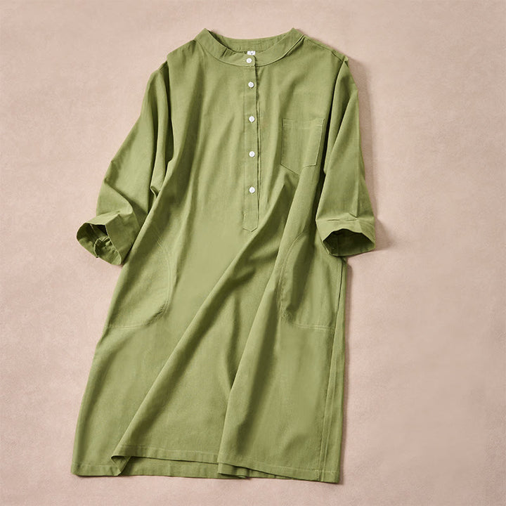 Abito midi da donna in cotone con maniche a tre quarti, tasche e bottoni in tinta unita, motivo Buddha Stones Fall - image 7