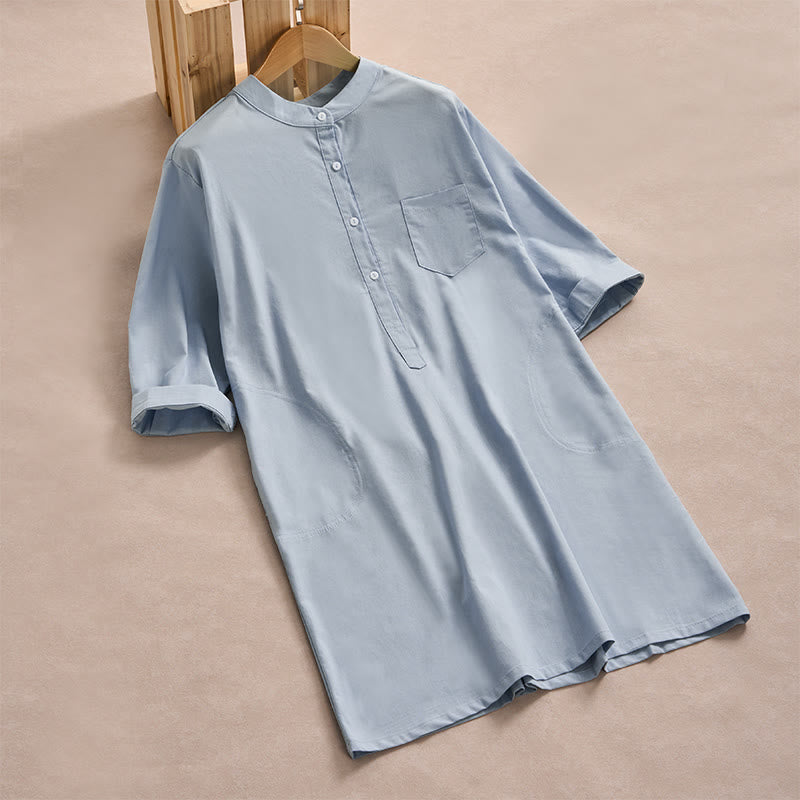 Camicie da donna in cotone con maniche a tre quarti, tasche e bottoni in tinta unita con motivo Buddha Stones Fall - Azzurro chiaro - US14, UK/AU18, EU46 (2XL) - image 0