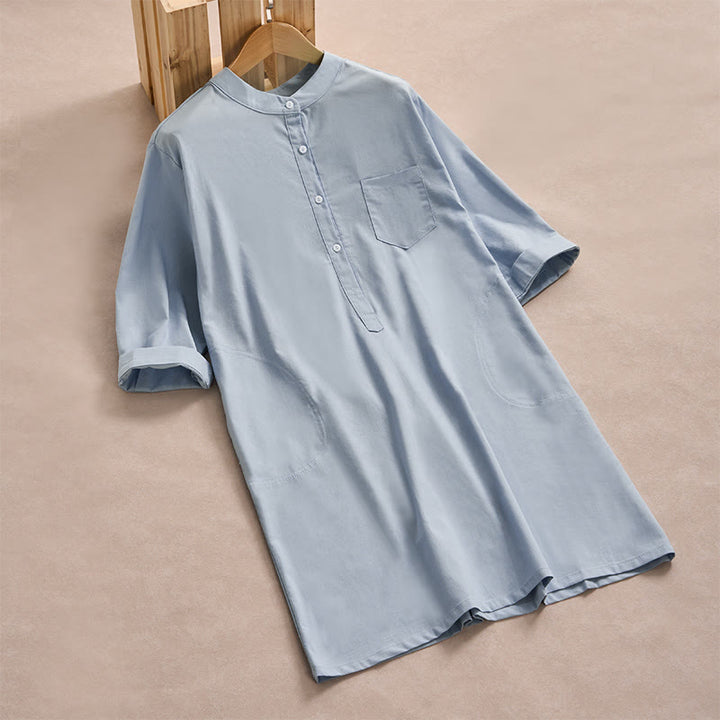 Camicie da donna in cotone con maniche a tre quarti, tasche e bottoni in tinta unita con motivo Buddha Stones Fall - Azzurro chiaro - US14, UK/AU18, EU46 (2XL) - image 0
