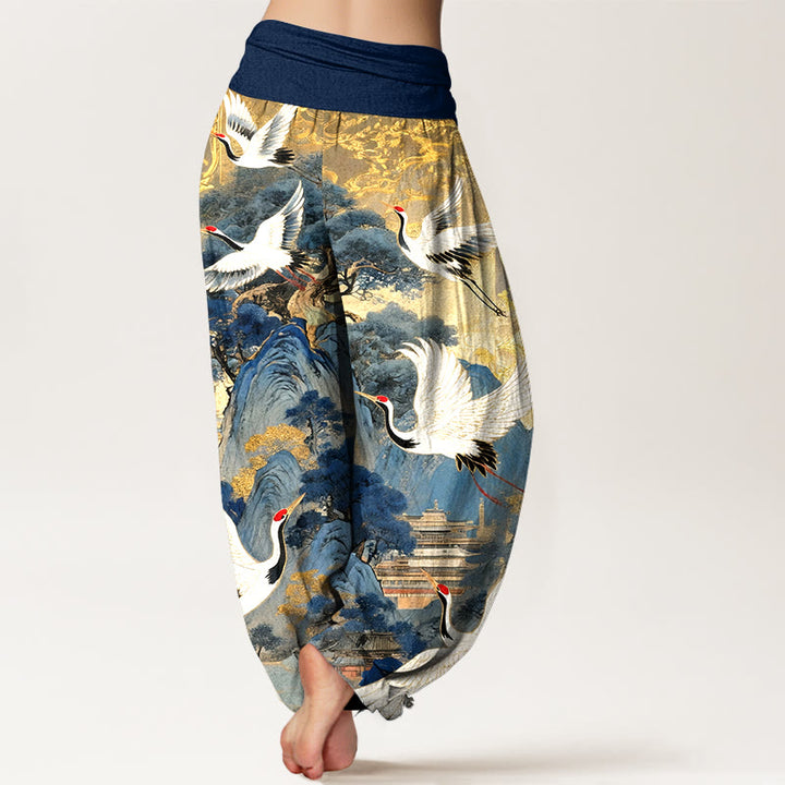 Pantaloni harem da donna con elastico in vita, in puro cotone, con motivo a gru e pino di montagna, modello Buddha Stones - image 1
