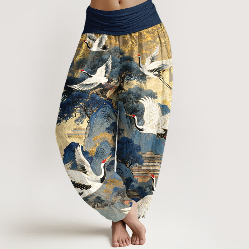 Pantaloni harem da donna con elastico in vita, in puro cotone, con motivo a gru e pino di montagna, modello Buddha Stones - Blu scuro - US16, UK/AU20, EU48 (3XL) - image 0