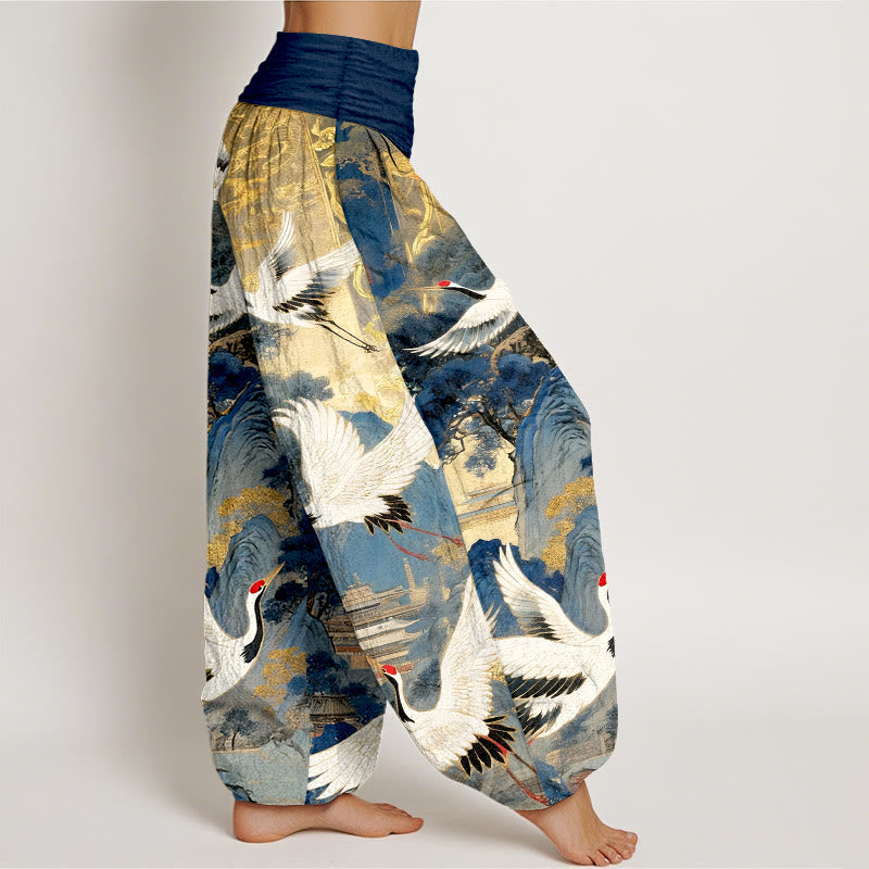 Pantaloni harem da donna con elastico in vita, in puro cotone, con motivo a gru e pino di montagna, modello Buddha Stones - image 2