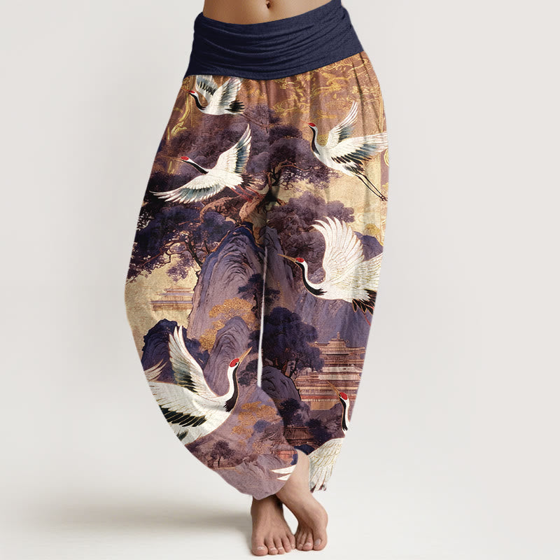 Pantaloni harem da donna con elastico in vita, in puro cotone, con motivo a gru e pino di montagna, modello Buddha Stones - Viola scuro - US16, UK/AU20, EU48 (3XL) - image 5