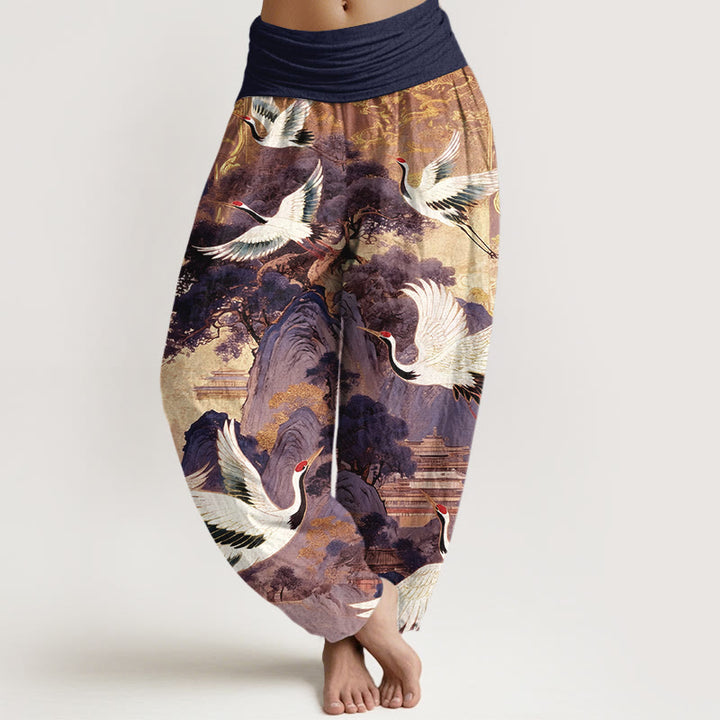 Pantaloni harem da donna con elastico in vita, in puro cotone, con motivo a gru e pino di montagna, modello Buddha Stones - Viola scuro - US16, UK/AU20, EU48 (3XL) - image 5