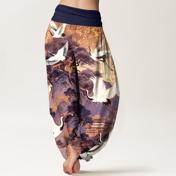 Pantaloni harem da donna con elastico in vita, in puro cotone, con motivo a gru e pino di montagna, modello Buddha Stones - image 6