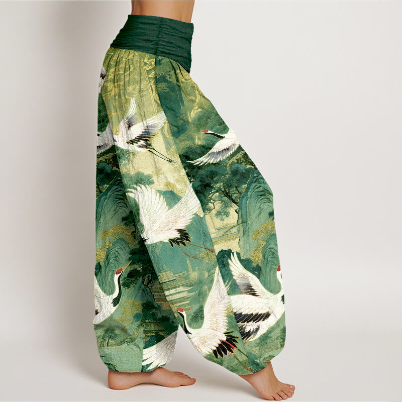 Pantaloni harem da donna con elastico in vita, in puro cotone, con motivo a gru e pino di montagna, modello Buddha Stones - image 10