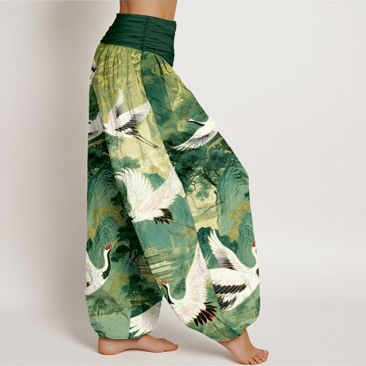 Pantaloni harem da donna con elastico in vita, in puro cotone, con motivo a gru e pino di montagna, modello Buddha Stones - image 10