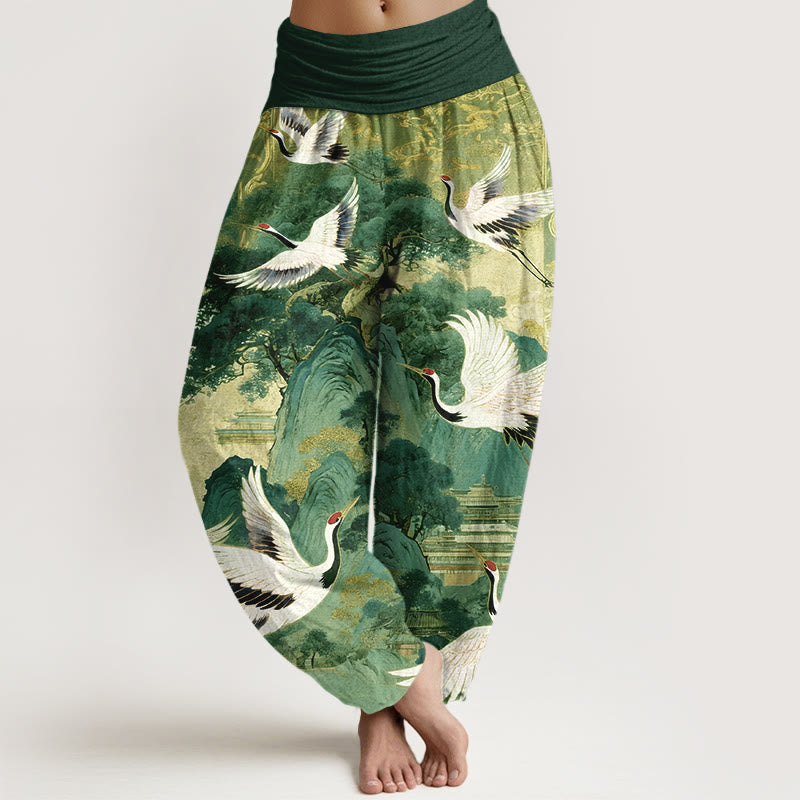 Pantaloni harem da donna con elastico in vita, in puro cotone, con motivo a gru e pino di montagna, modello Buddha Stones - Verde - US16, UK/AU20, EU48 (3XL) - image 8