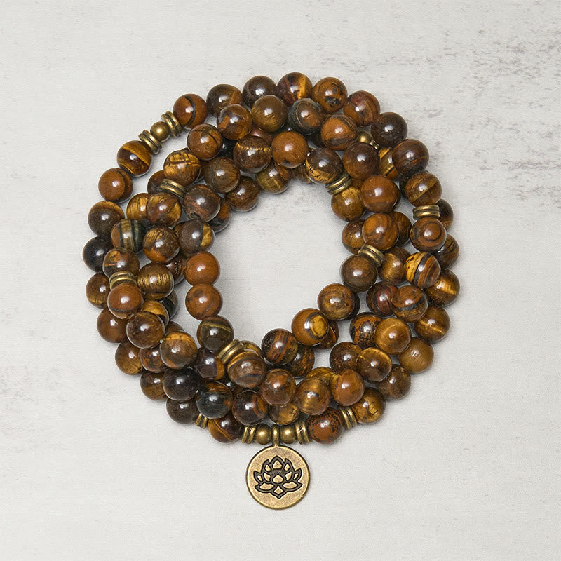 Mala con perline di occhio di tigre, simbolo di loto Buddha Stones - Occhio di tigre - 8 mm - image 0