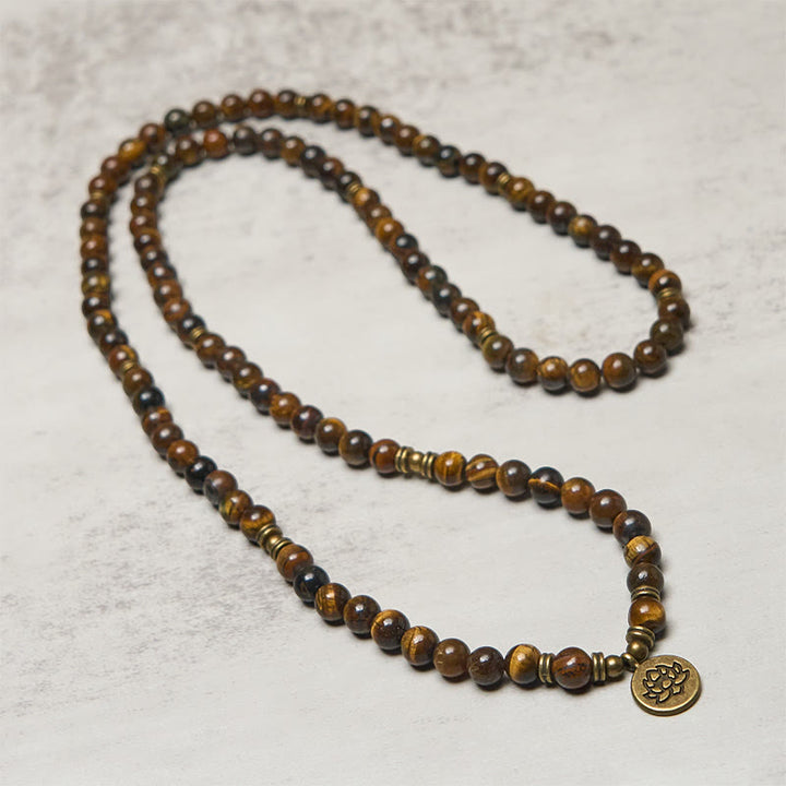 Mala con perline di occhio di tigre, simbolo di loto Buddha Stones - image 2