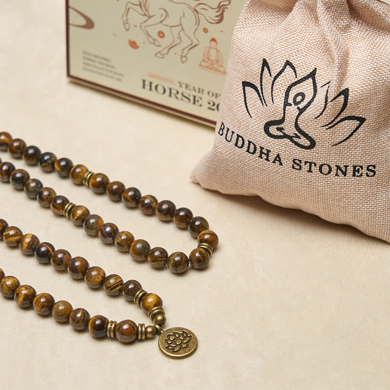 Mala con perline di occhio di tigre, simbolo di loto Buddha Stones - image 5