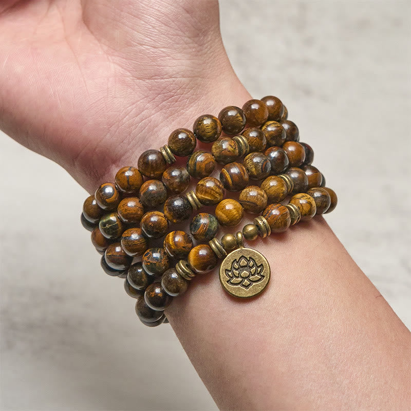 Mala con perline di occhio di tigre, simbolo di loto Buddha Stones - image 3