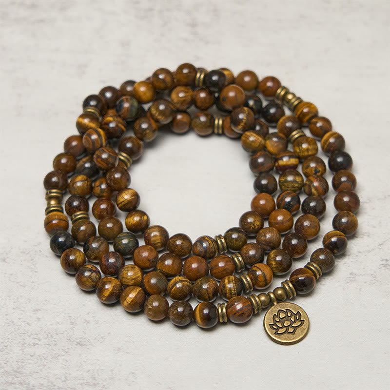 Mala con perline di occhio di tigre, simbolo di loto Buddha Stones - image 1