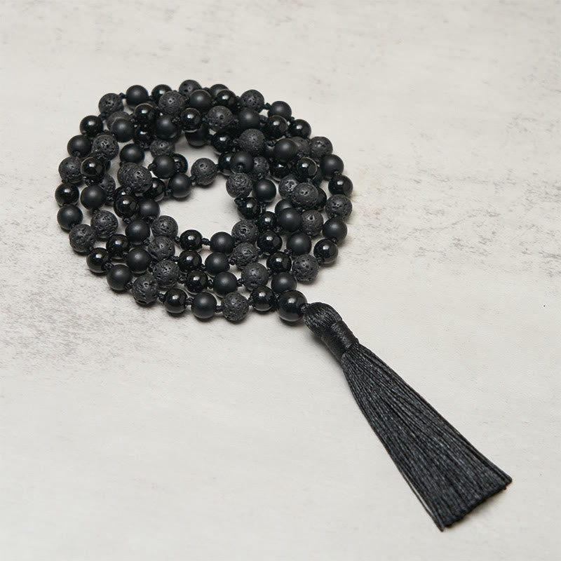 Buddha Stones 8mm Perline Onice Nero Pietra Lavica Nappa Protezione Fortuna Mala - Onice nero e roccia lavica - image 0