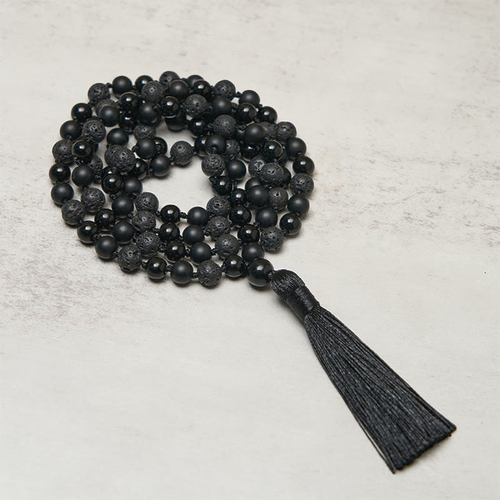Buddha Stones 8mm Perline Onice Nero Pietra Lavica Nappa Protezione Fortuna Mala - Onice nero e roccia lavica - image 0