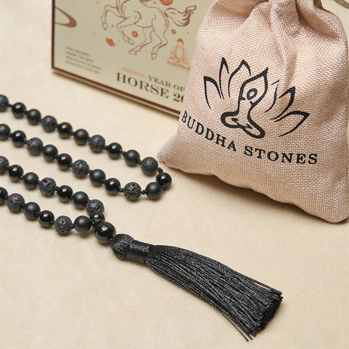Buddha Stones 8mm Perline Onice Nero Pietra Lavica Nappa Protezione Fortuna Mala - image 5
