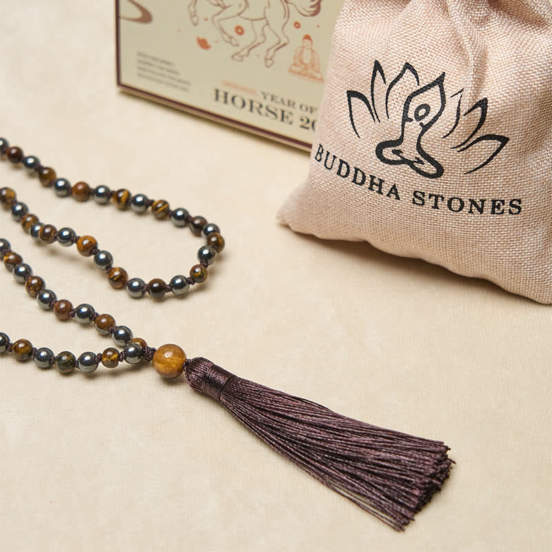 Mala con 108 Buddha Stones, occhio di tigre, ematite e nappa, coraggio e forza - image 6