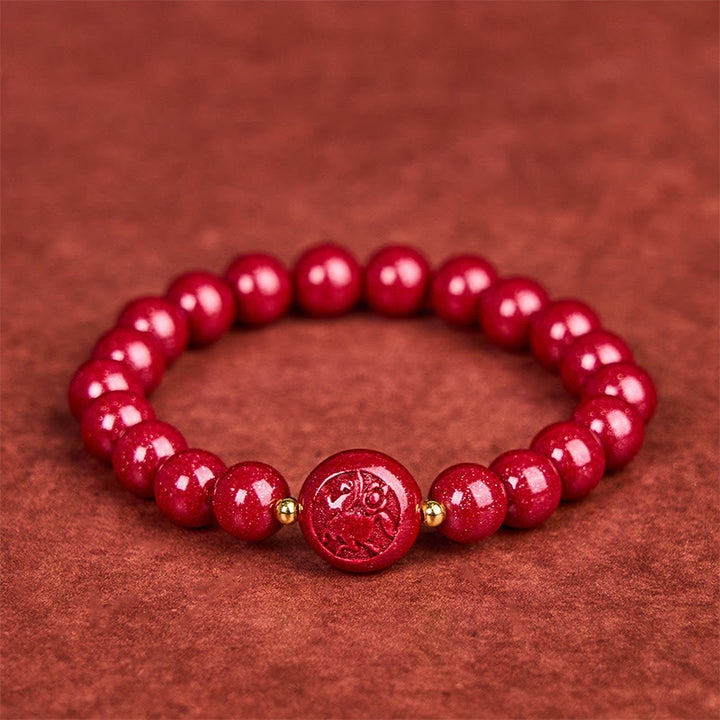 Braccialetto di benedizione pacifica in cinabro intagliato con Buddha Stones, zodiaco cinese, anno del cavallo - Cavallo da 8 mm - image 0