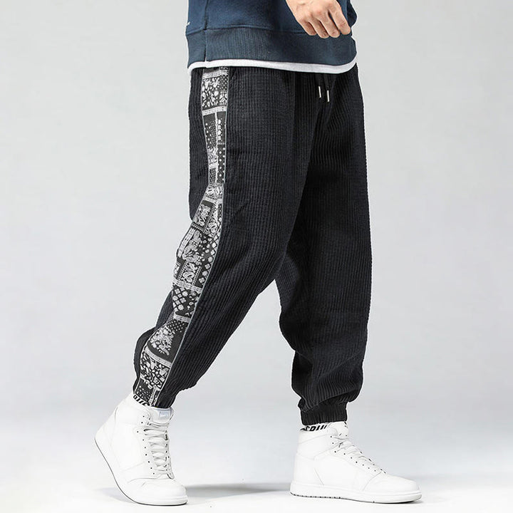 Pantaloni da uomo in velluto a coste con tasche, gamba dritta, lunghezza caviglia, motivo paisley, modello Buddha Stones Fall Solid - Nero - US/UK/AU46, EU56 (5XL) - image 0
