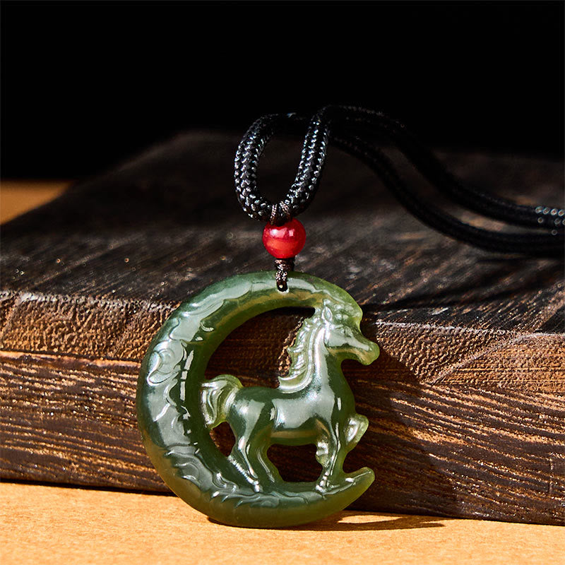 Buddha Stones, zodiaco cinese, anno del cavallo, giada intagliata, fortuna e prosperità, collana con pendenti - image 1