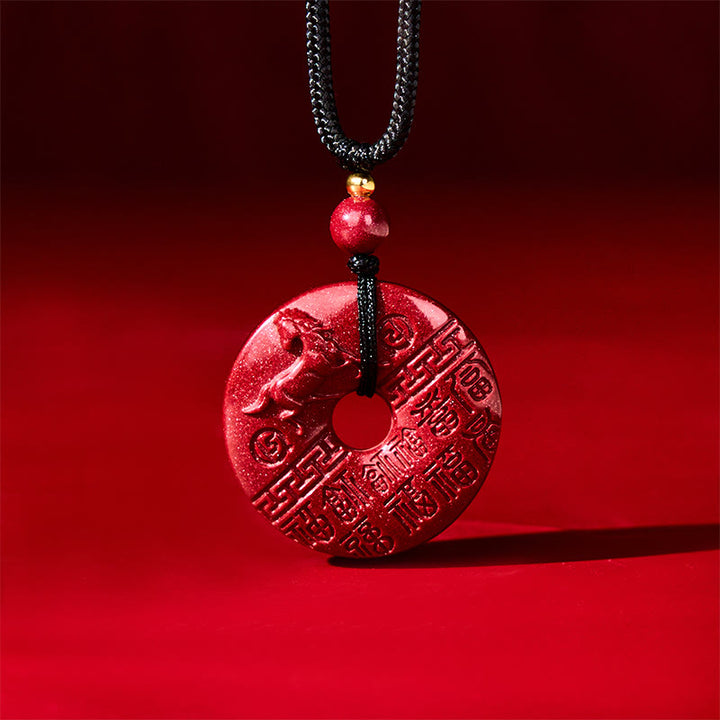 Collana con ciondolo di buon auspicio , Buddha Stones con incisione del carattere Fu, anno del cavallo, fibbia della pace, cinabro e benedizione. - image 1