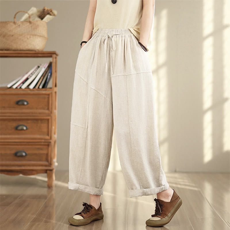 Pantaloni da donna in cotone e lino con coulisse, tinta unita, con tasche, modello Buddha Stones, lunghezza 7-8 - image 1